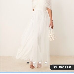 ASOS Lace & Bow off the shoulder tulle maxi dress in ivory